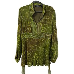 New York City Design Co. Womens Silk Green Floral Top XL Fairycore Ethereal Boho